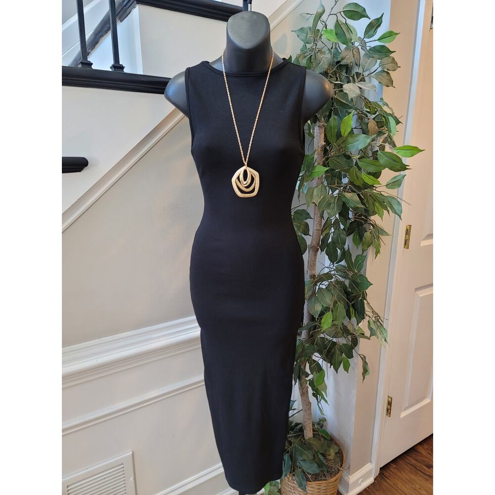 Bumpsuit Bodycon Midi Dress Women's Small Black Stretch Ribbed Knit Boat Neck